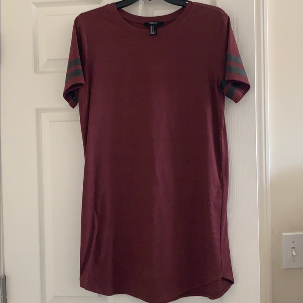 Maroon T-Shirt Dress with Striped Sleeves